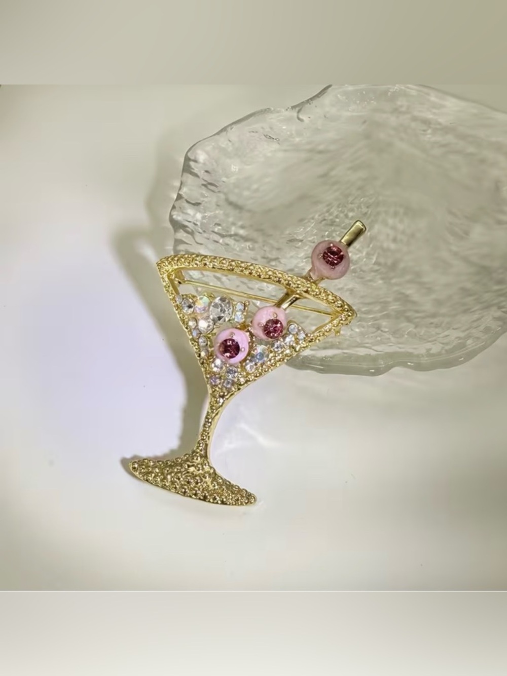 Golden Tone Martini Brooch Modern New with Pink Olives